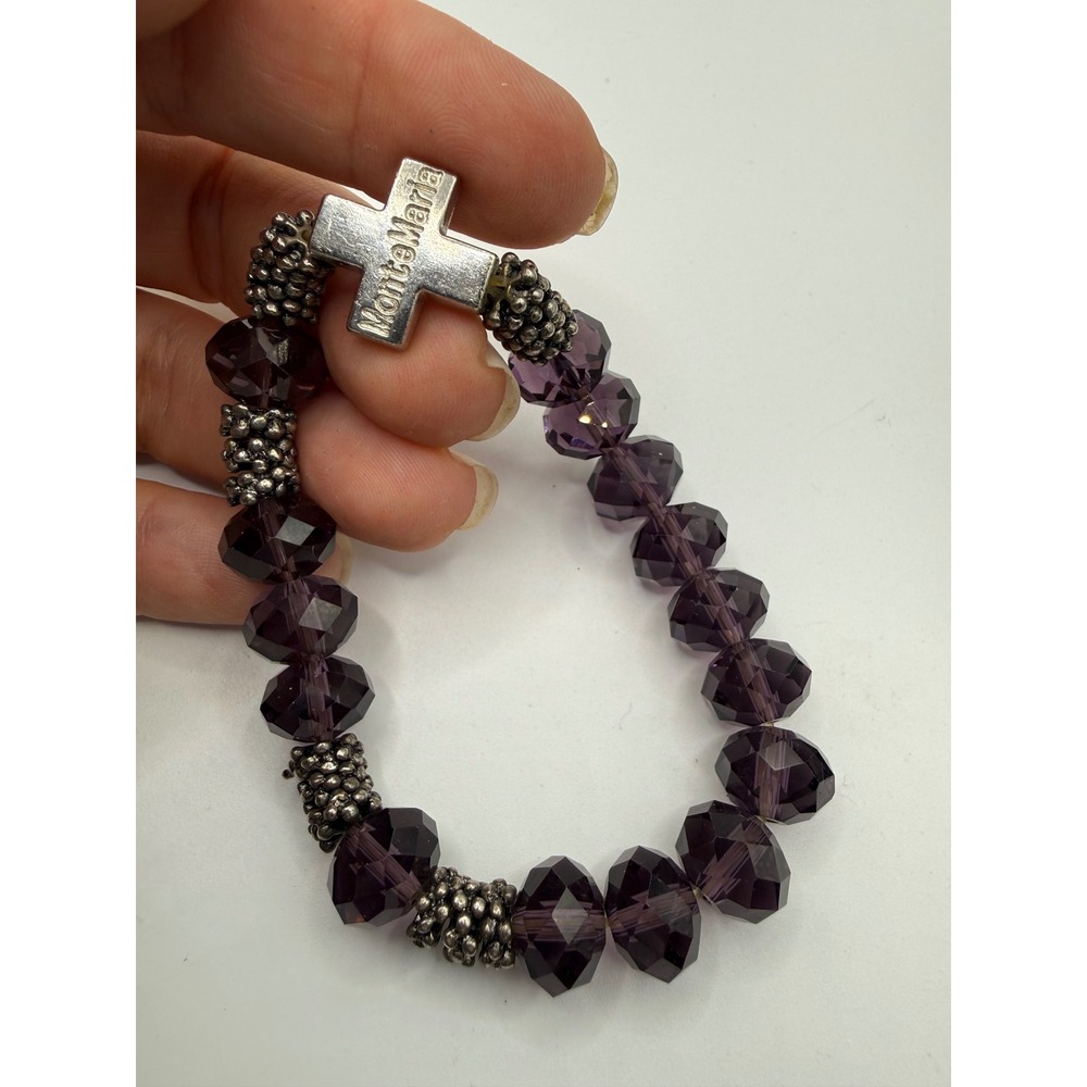 Monte Maria Purple Crystal Bead Rosary‎ Bracelet Silver Cross Charm Stretch 7in